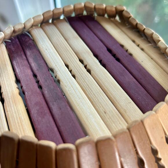 Vintage Wooden Bamboo Fruit Bowl Two-Tone Basket 10" - Picture 7 of 7